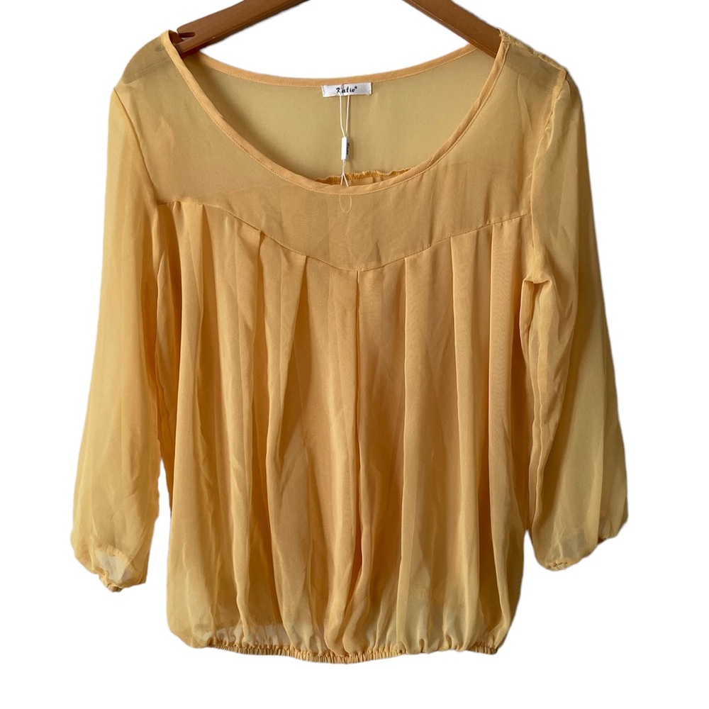 Women’s Sheer Long Sleeves Yellow Blouse
